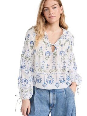 Saylor Orlagh Smocked Floral folk art Boho Blouse Tie Neck & Long Sleeves White